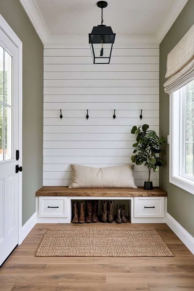White horizontal shiplap entryway wall with a rustic oak storage bench, hooks, woven runner, and practical farmhouse-style storage.