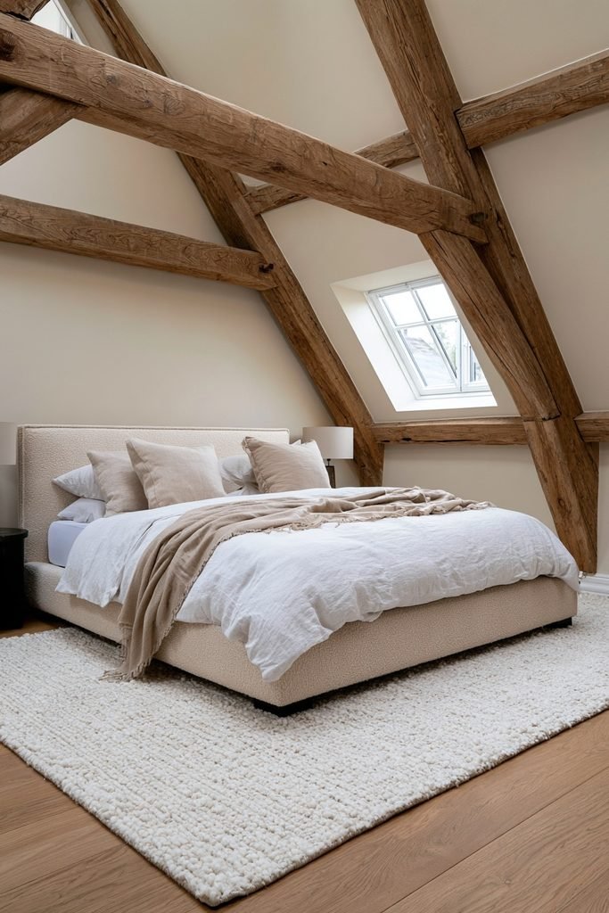 Compact loft bedroom with exposed timber roof beams, sloped ceilings, low-profile bed, rooflight, and eaves storage