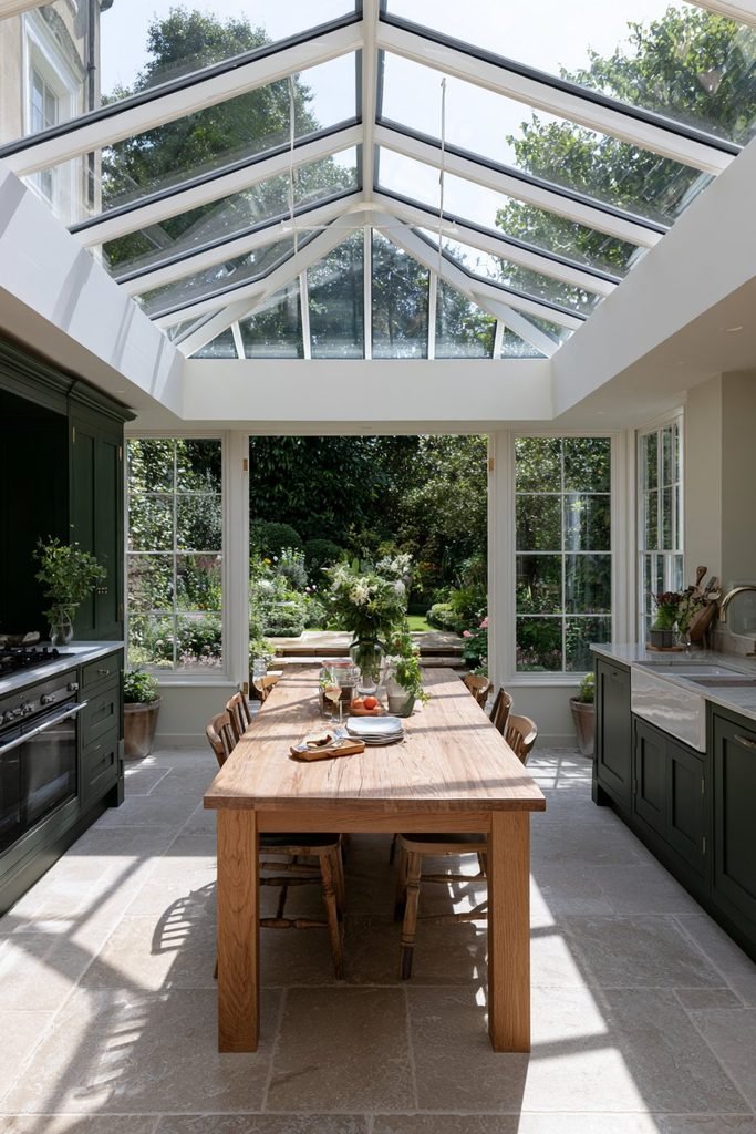 Bright orangery kitchen extension with green cabinetry, dining space, and garden-facing windows.
