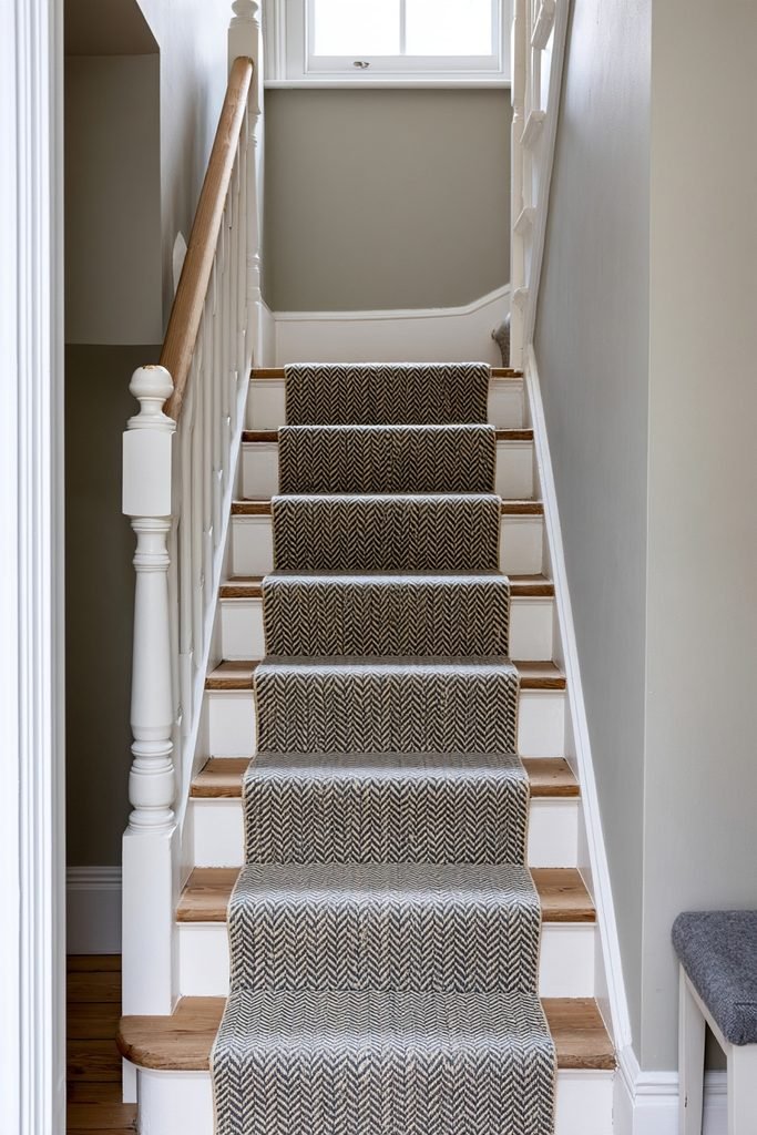 Painted herringbone stair runner pattern on wooden staircase risers and steps