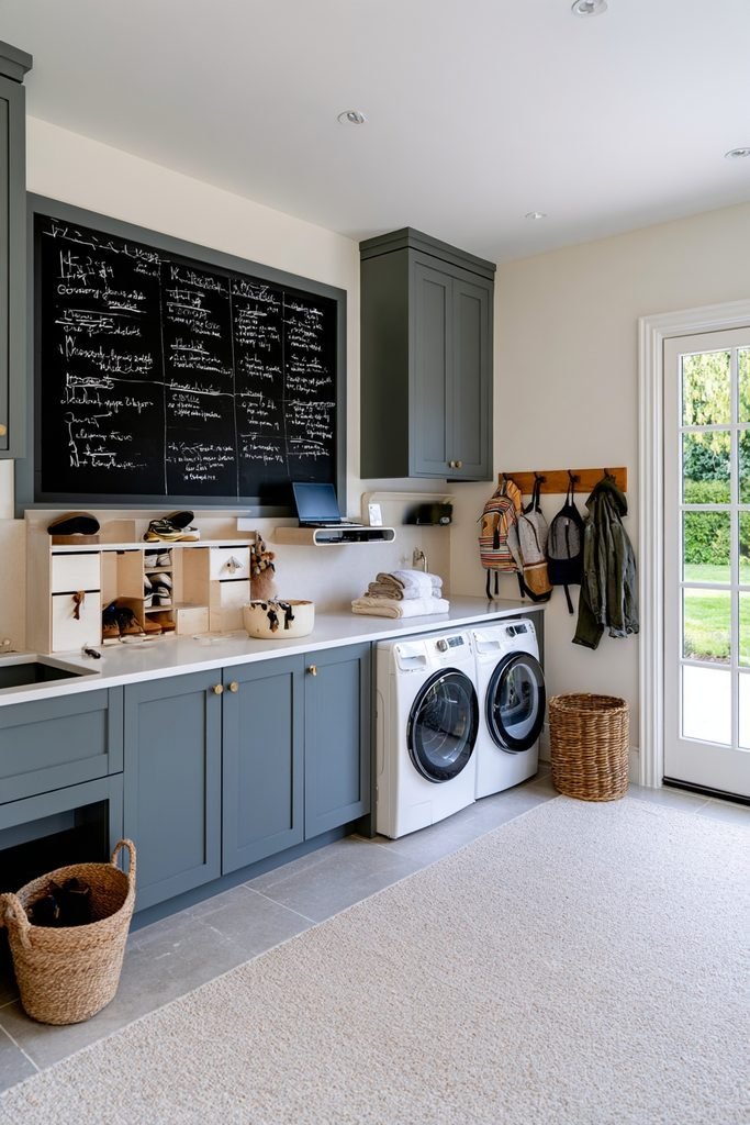 Family command center with calendar, mail storage and laundry appliances in a utility room