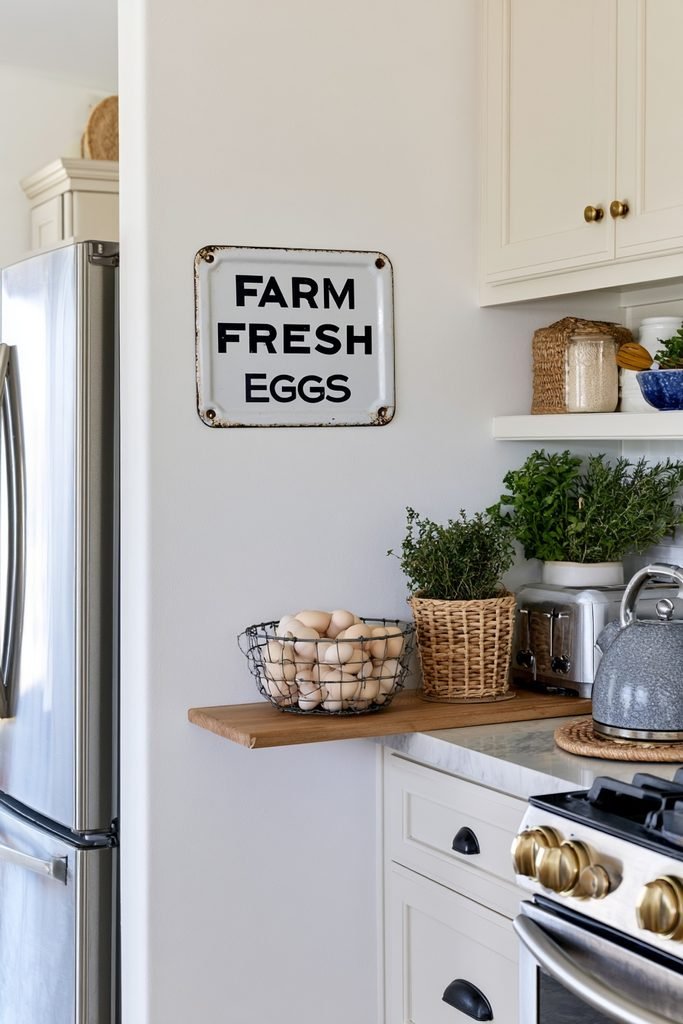 Vintage "Farm Fresh Eggs" enamel kitchen sign above a shelf with fresh eggs in a farmhouse pantry corner.