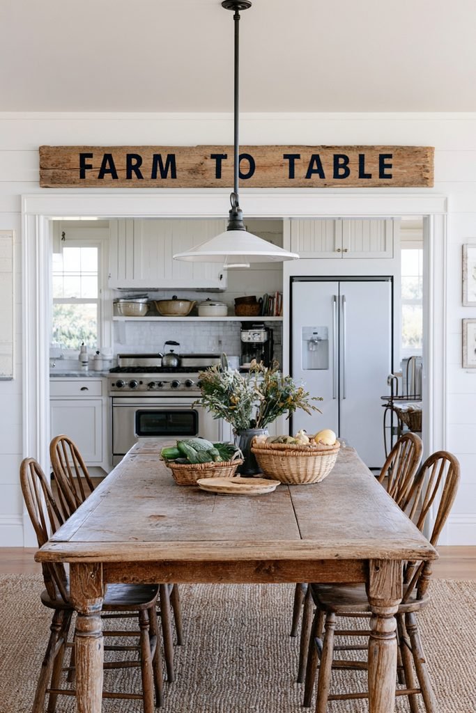 Long reclaimed wood "Farm to Table" sign mounted above a doorway in a rustic farmhouse kitchen.