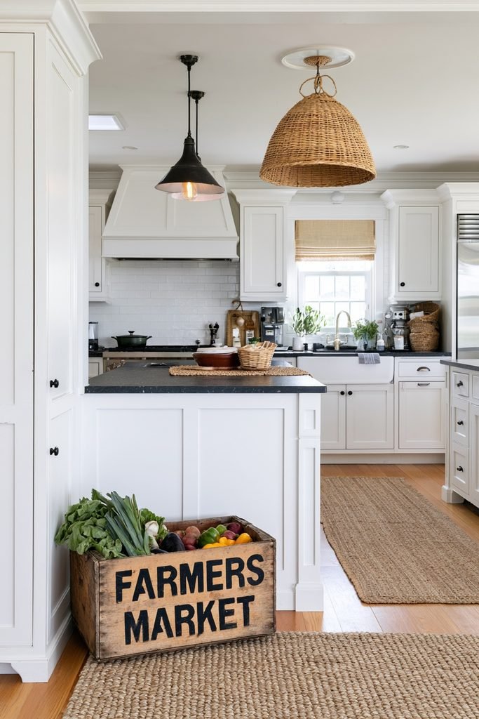 Vintage "Farmers Market" produce crate used as decorative storage in a rustic farmhouse kitchen
