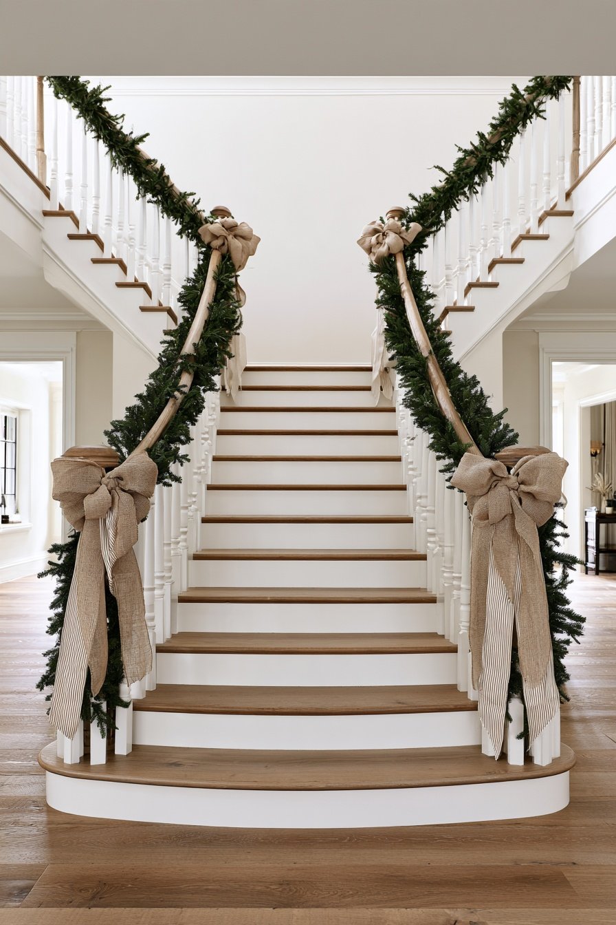 Cozy farmhouse U-shaped staircase decorated with burlap bows, wooden beads, and rustic Christmas decor.