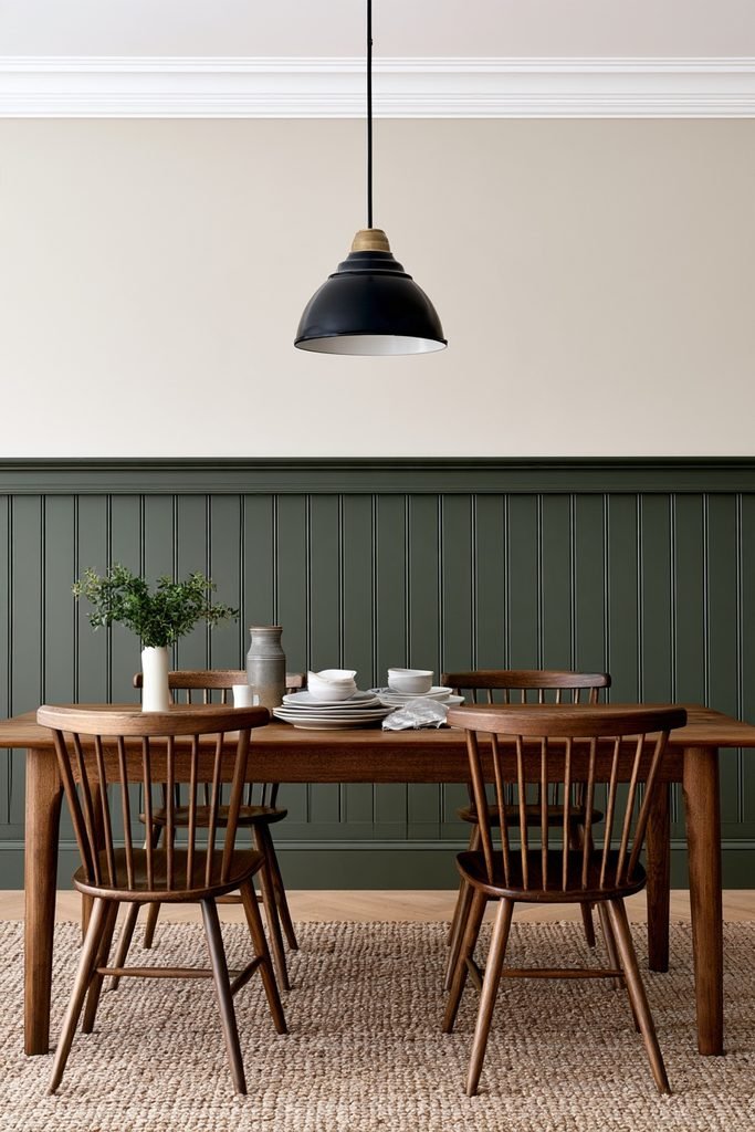 Farmhouse-style tongue-and-groove wall panelling topped with a painted dado rail