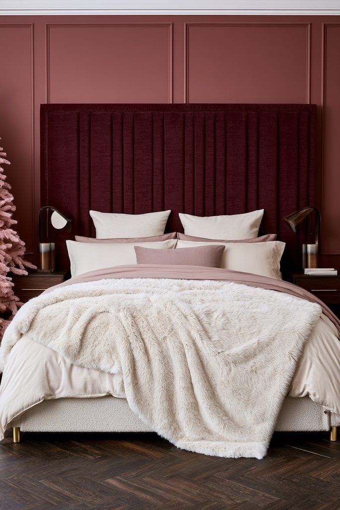 Soft faux fur throw layered across the foot of a cozy pink Christmas bedroom bed