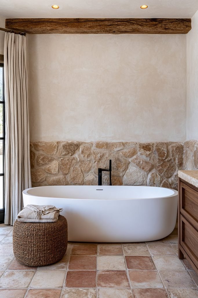 Faux fieldstone wainscoting framing a freestanding bathtub in a rustic bathroom with natural textures and warm neutral colors