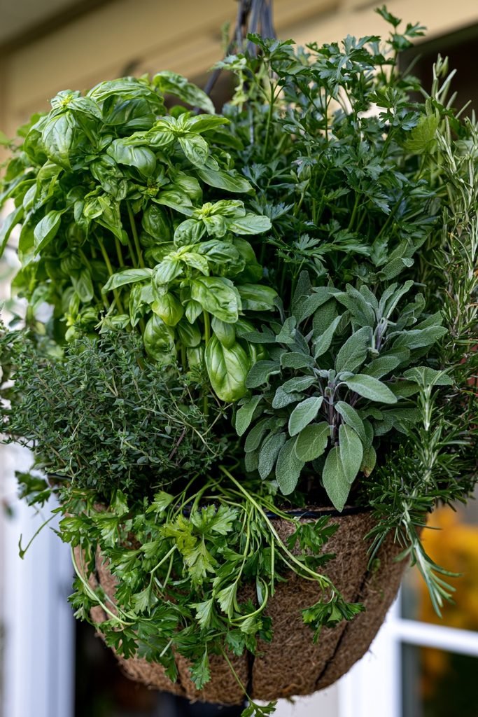 Fresh culinary herbs growing in a practical hanging basket on an autumn porch