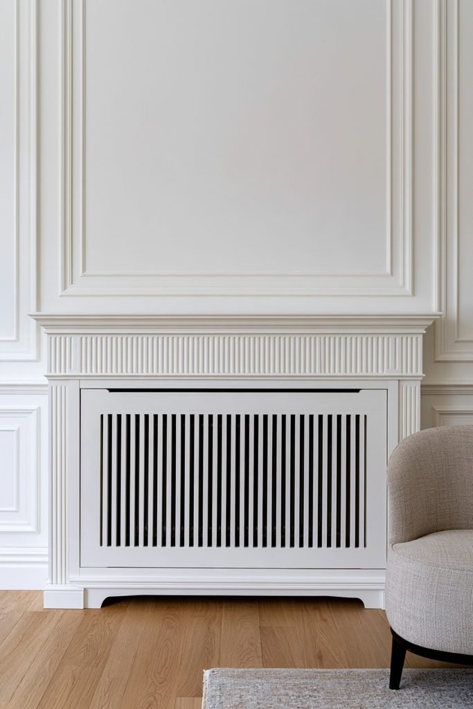 Painted radiator cover finished with decorative crown molding and built-in trim