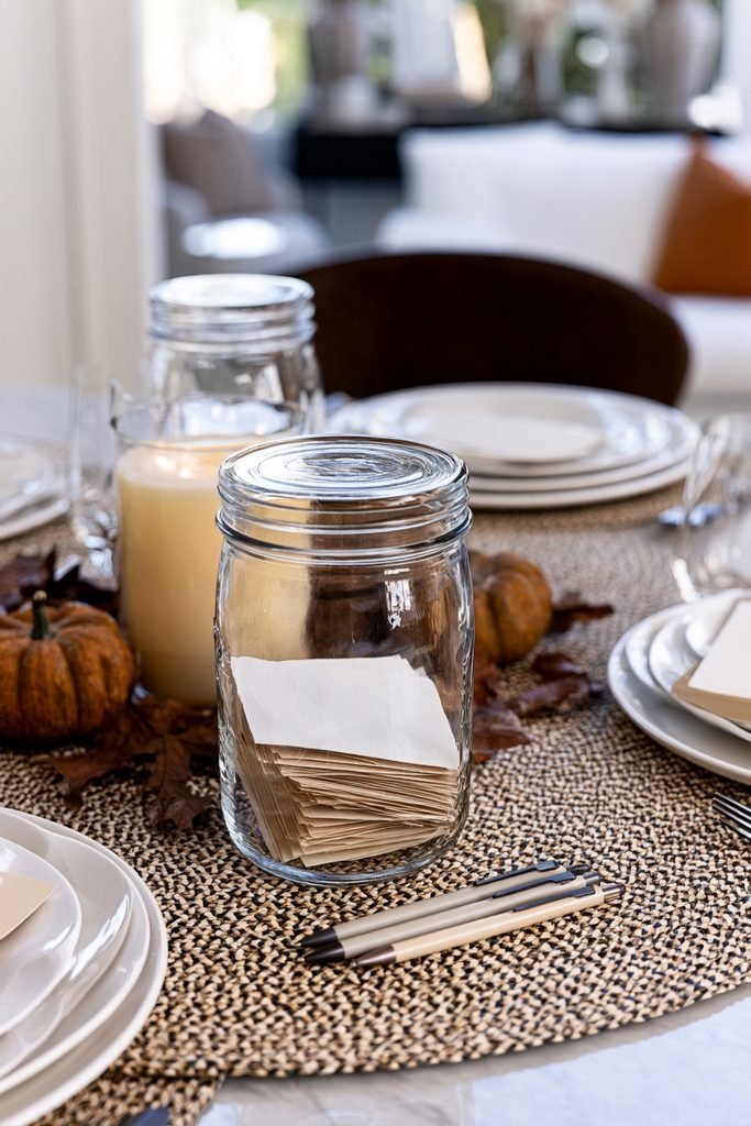 Thanksgiving dining table featuring a gratitude jar with blank cards for guests to write what they are thankful for.