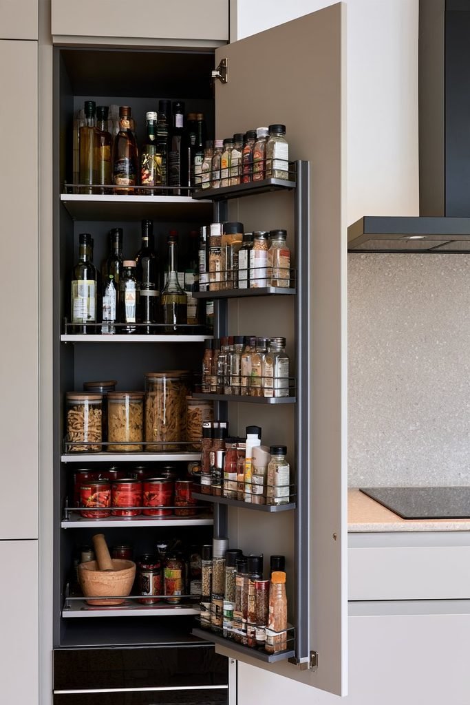 Larder cupboard with multi-tier pull-out spice rack, organized spice jars, pantry shelves, oils, sauces, and dry goods