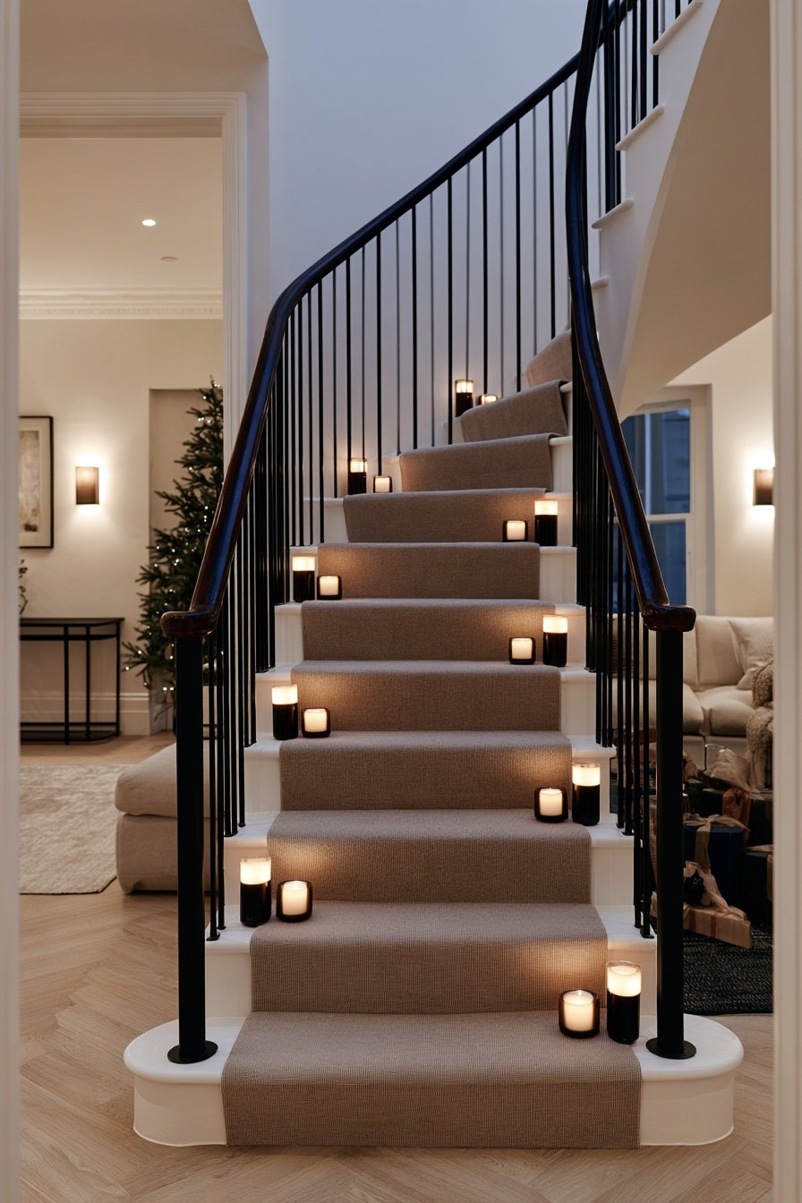 Narrow townhouse staircase decorated with flameless candles for a warm and cozy Christmas atmosphere.
