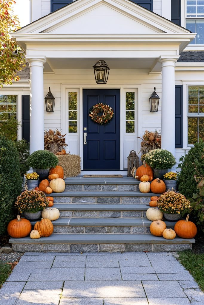 hanksgiving front porch decorated with pumpkins, autumn mums, and a small hay bale beside the entry door.