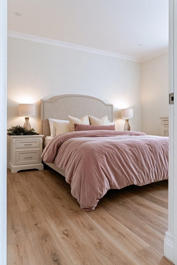 Blush pink flannel bedding creating a warm and cozy Christmas bedroom look