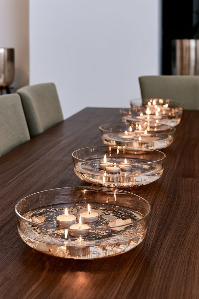 New Year's Eve dining table with floating candles, glass bowls, gold confetti, and flower petals