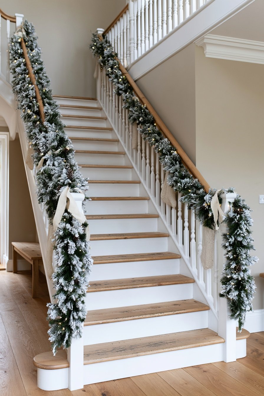 Rustic timber staircase decorated with flocked fir branches in a cozy snowy Christmas mountain home.