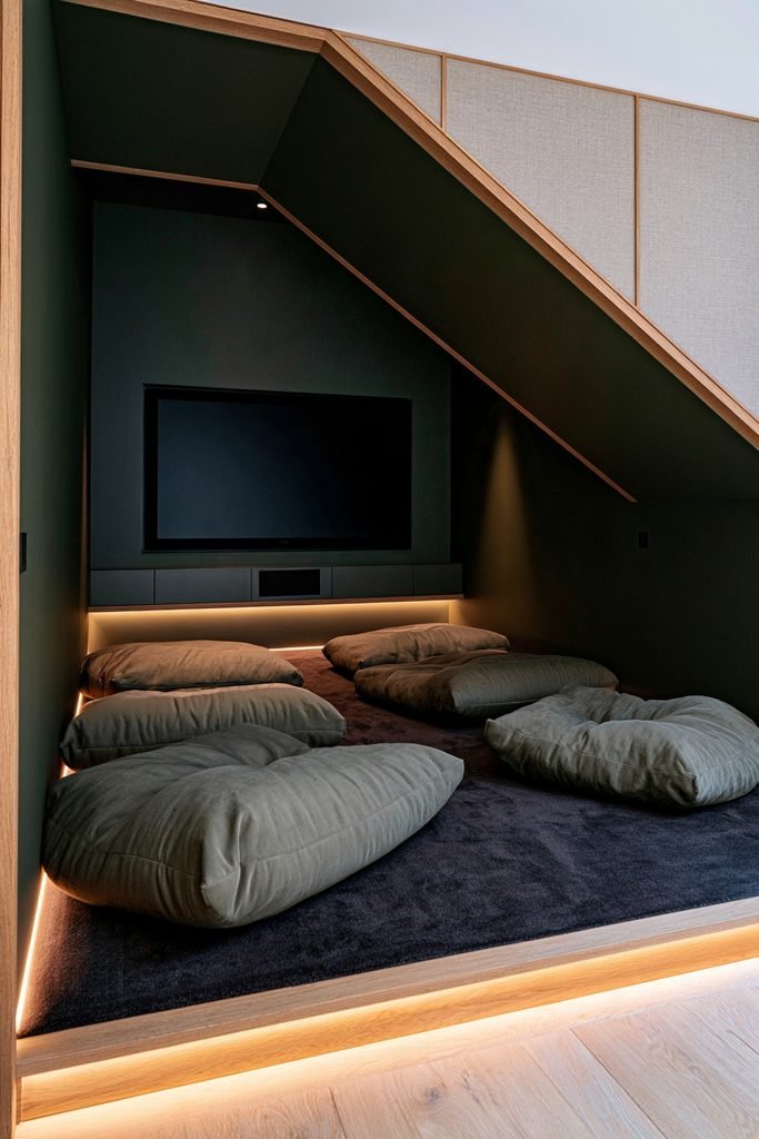 Cozy home theater nook with floor cushions arranged toward a compact wall-mounted cinema screen