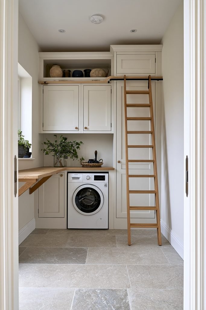 Floor-to-ceiling storage cabinets in a practical traditional utility room with laundry appliances