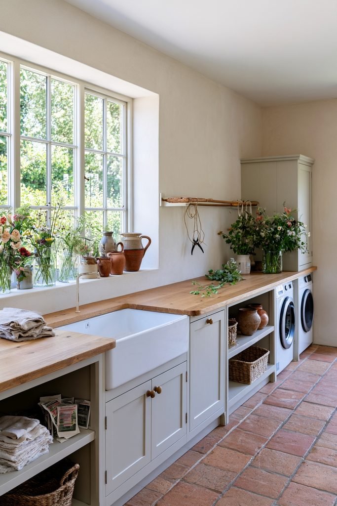 Flower arranging workspace with farmhouse sink and laundry appliances in a garden-facing utility room