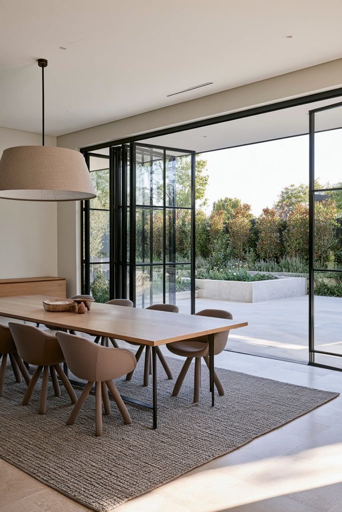 Modern dining room opening to a garden through wide black Crittall folding glass doors