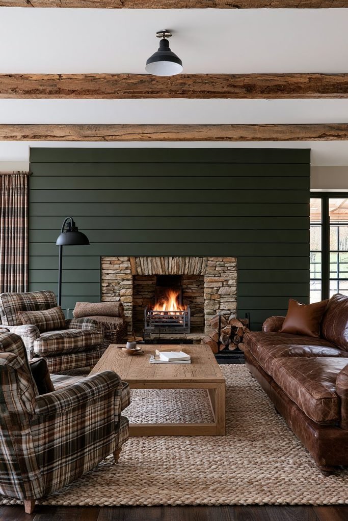 Deep forest green shiplap fireplace wall in a rustic cabin-style living room with leather seating, plaid textiles, timber beams, and warm lighting.