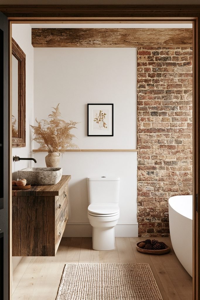Small bathroom featuring a framed autumn botanical print in muted fall tones