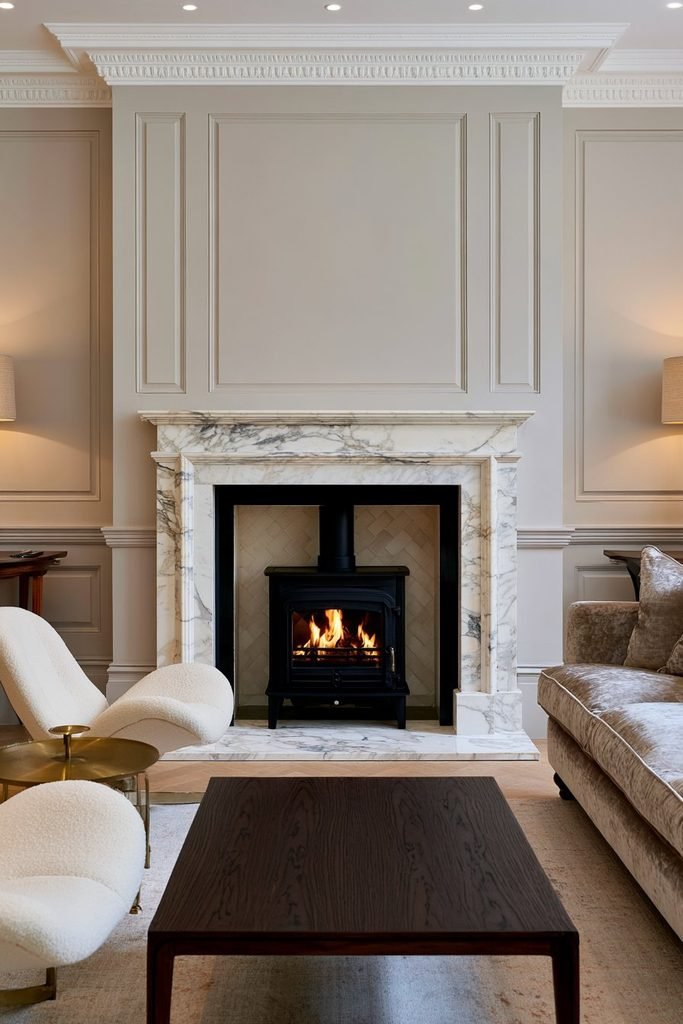 Elegant living room with a black log burner framed by a pale marble surround, herringbone fireback, classic wall paneling, and sophisticated seating.