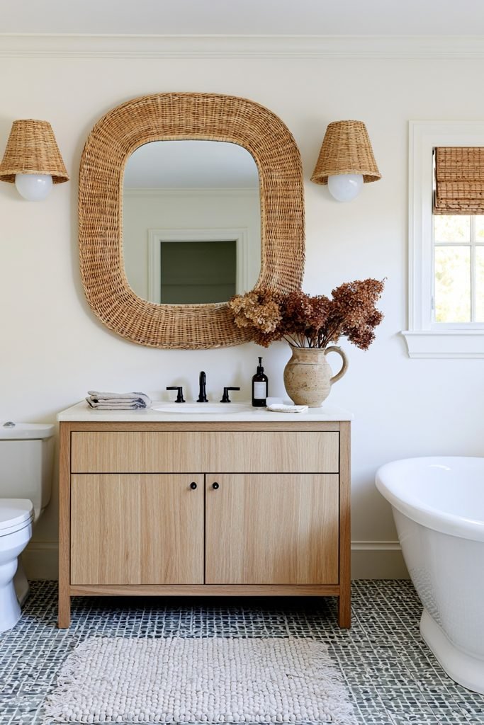 Small fall bathroom with a natural rattan-framed mirror and warm earthy decor