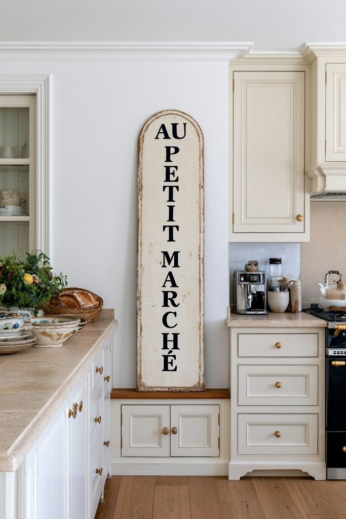 Weathered "Au Petit Marché" French market sign displayed on a ledge in a French country kitchen.