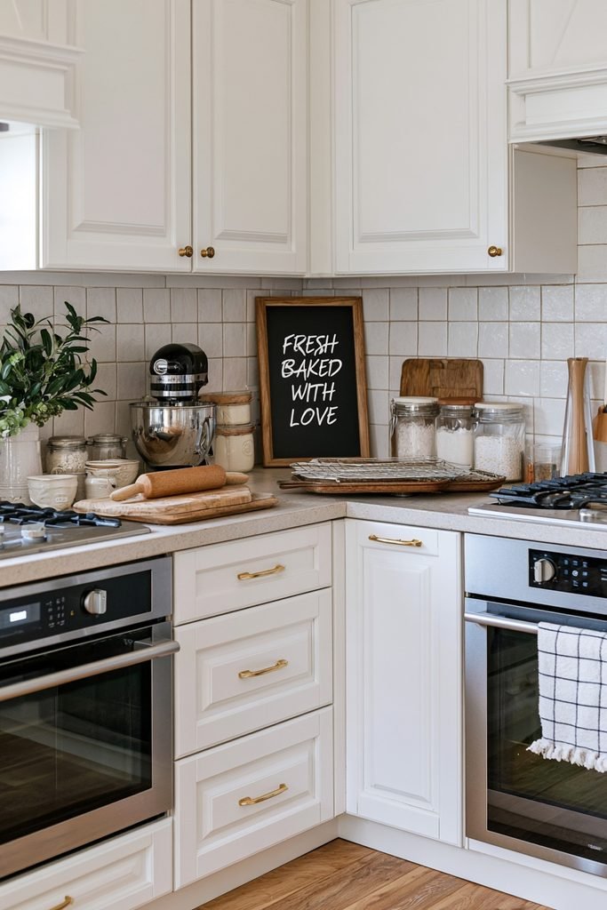 "Fresh Baked With Love" bakery-style sign displayed on a kitchen baking counter with mixer and baking supplies.