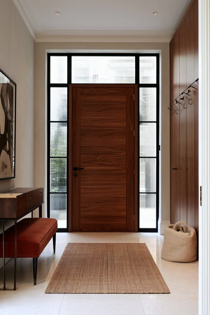 Townhouse entrance with a walnut front door, ribbed-glass Crittall sidelights and transom window