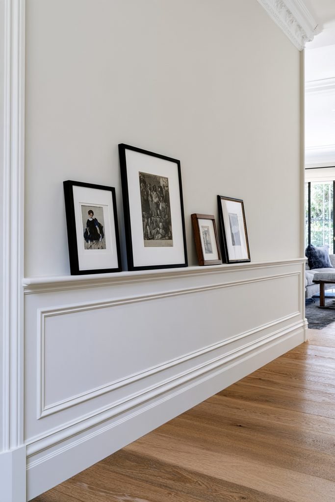 Dado rail used as a gallery ledge for displaying framed artwork along a living room wall