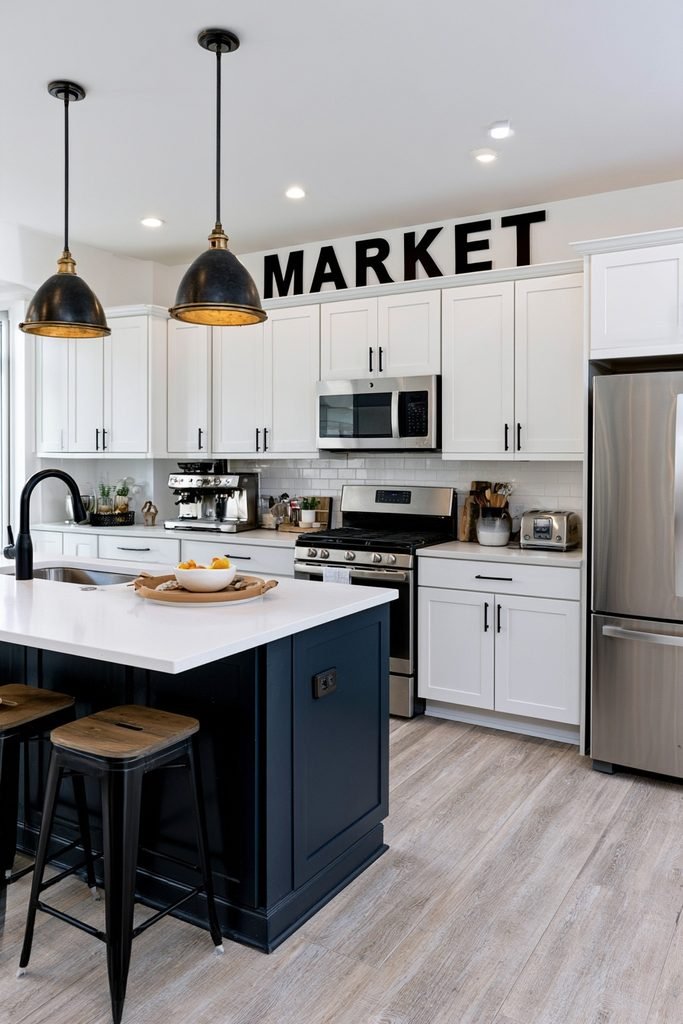 Large galvanized metal "Market" letters mounted above cabinets in an industrial farmhouse kitchen.