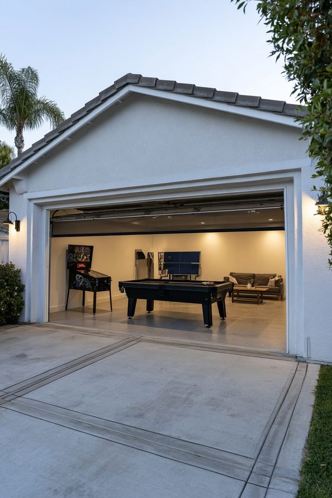 Garage conversion game room with a pool table, pinball machine, ping-pong table, lounge seating, and an open garage door.