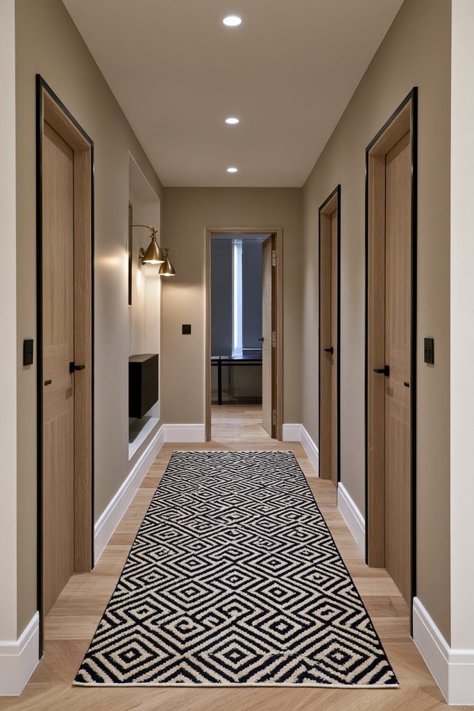 Modern geometric hallway runner on an upstairs landing with ash flooring, built-in storage, staircase railing, and bedroom door.