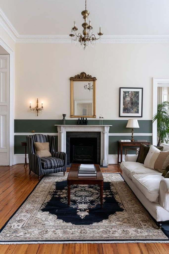 Georgian-style interior with a simple dado rail and symmetrical cream and muted green walls