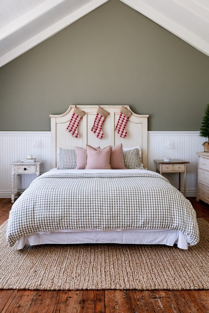 Gingham Christmas stockings displayed on a bedroom headboard with coordinating holiday bedding