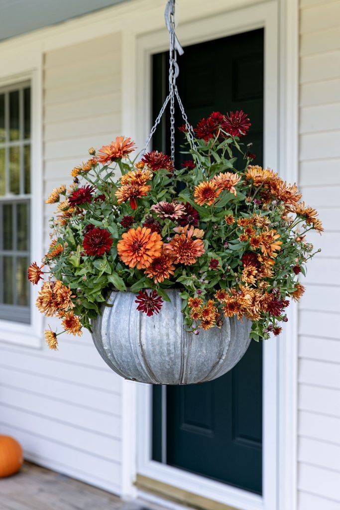 Repurposed old metal hanging basket transformed into a pumpkin-shaped fall planter