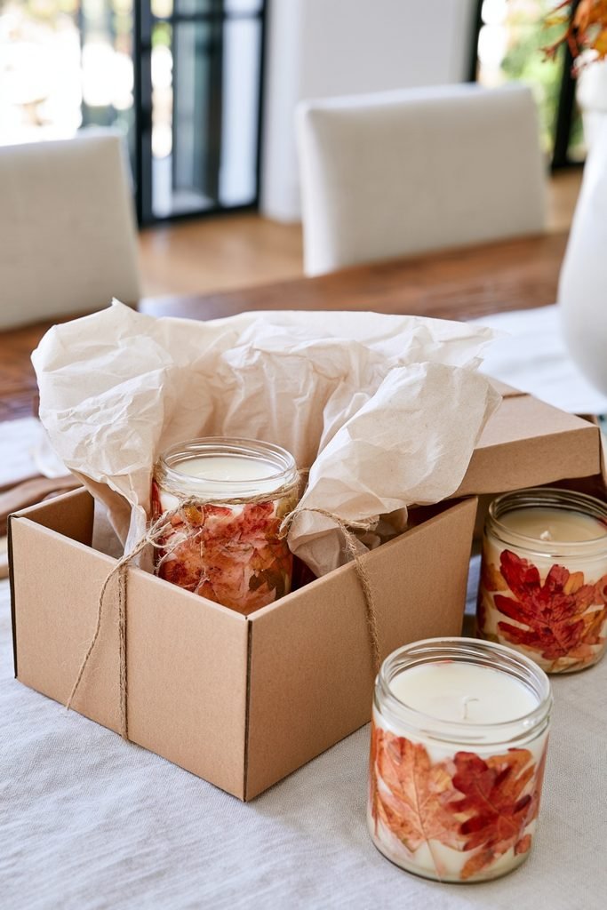 DIY fall leaf candles packaged as beautiful seasonal hostess gifts and Thanksgiving home decor presents.