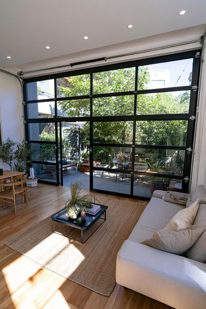Residential garage conversion featuring a modern black-framed glass garage door opening the finished living space toward a patio.