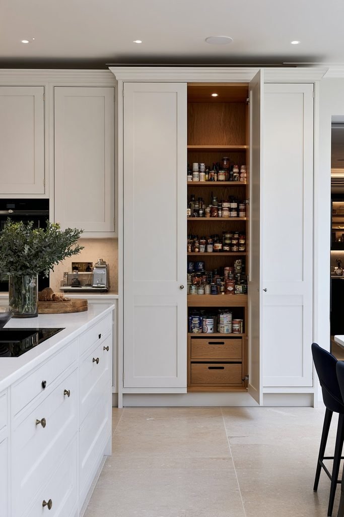 Hidden walk-in larder cupboard behind flush Shaker doors with oak shelves and organized kitchen storage