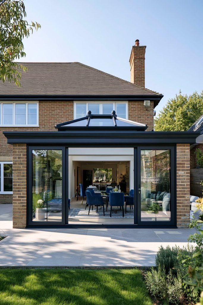 Bold dark blue-green orangery extension with contrasting frames and a bright garden view.