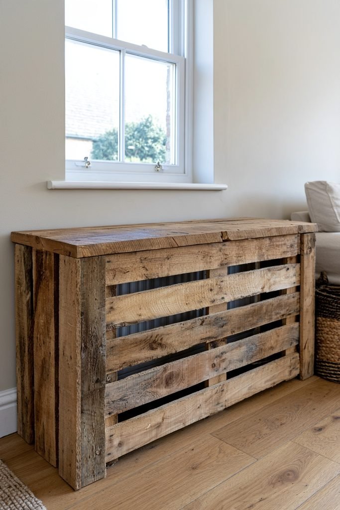 DIY reclaimed pallet wood radiator cover for a budget-friendly living room