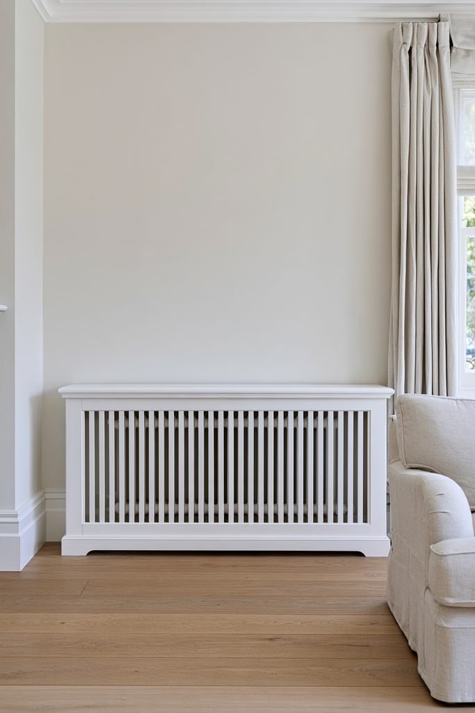 Classic white slatted radiator cover beneath a window in a neutral living room