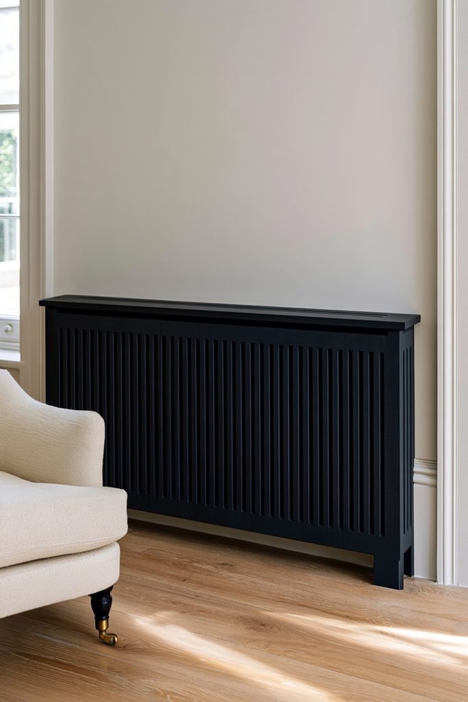 Charcoal-painted radiator cover with architectural slats in a modern living room