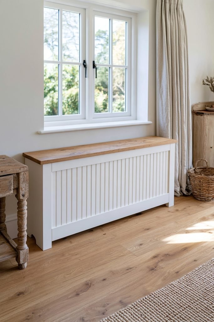 Farmhouse radiator cover with whitewashed beadboard paneling and chunky wood top