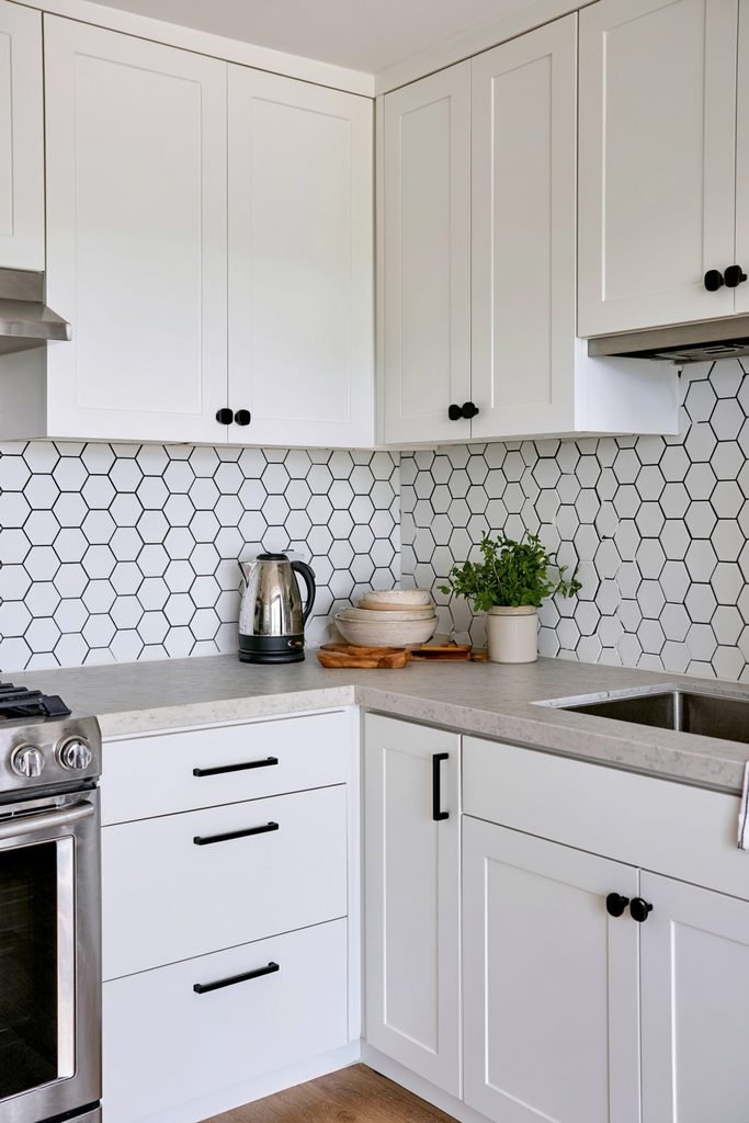 Contemporary kitchen featuring a geometric hexagon tile backsplash in a clean honeycomb pattern.