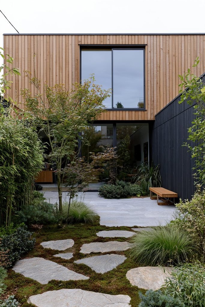 Minimalist Japanese-inspired house courtyard with stone paving, sculptural plants, and simple seating