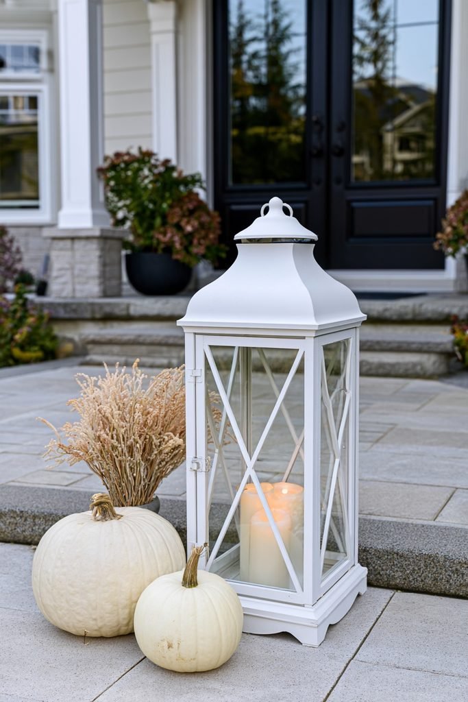 White lantern with white pumpkins and pale fall decor on a modern front porch